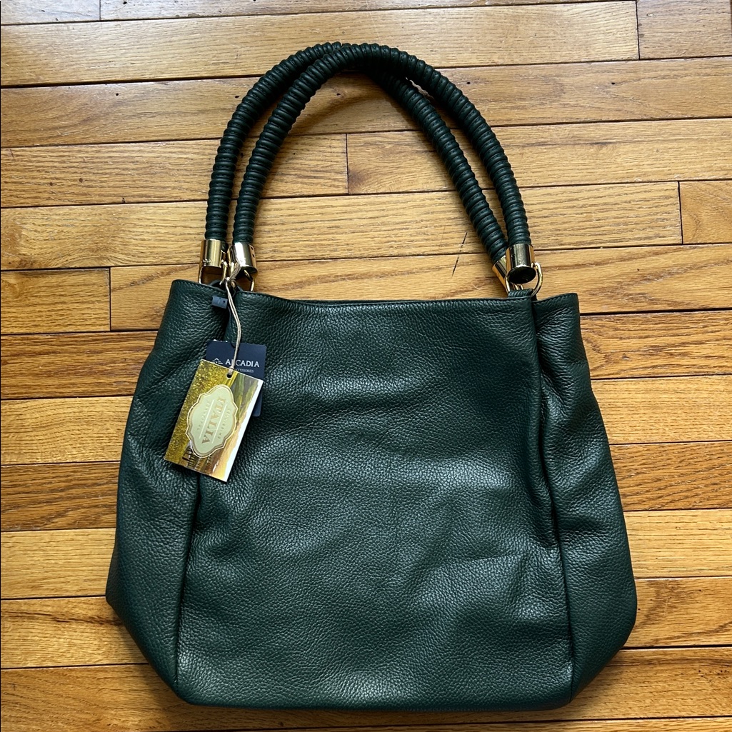 Arcadia Pebbled Green Leather Tote Hobo Bag Shoulder Italy Nwt $540 Pine Purse